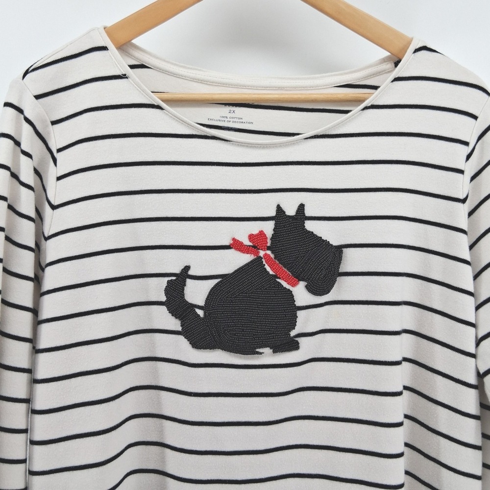 Charter Club Woman Sz 2X Striped Scottie Dog Beaded Top Long Sleeve Plus Size - Picture 2 of 10